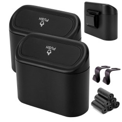 2 Pack Mini Car Trash Can with Lid, Small Car Trash Bin, 2 Hooks and 90pcs Trash Bags Black