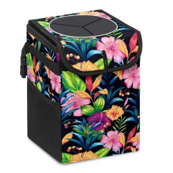 Car Trash Can - with Lid and Storage Pockets Water-Resistant Coating, Colorful Flowers